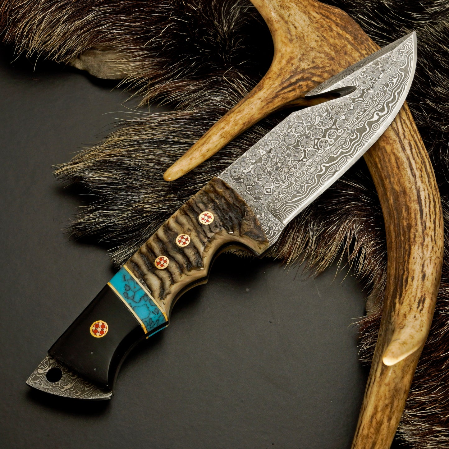 10" Hand Forged Damascus Steel Hunting Knife with Leather Sheath - Gut Hook Hunting Knife