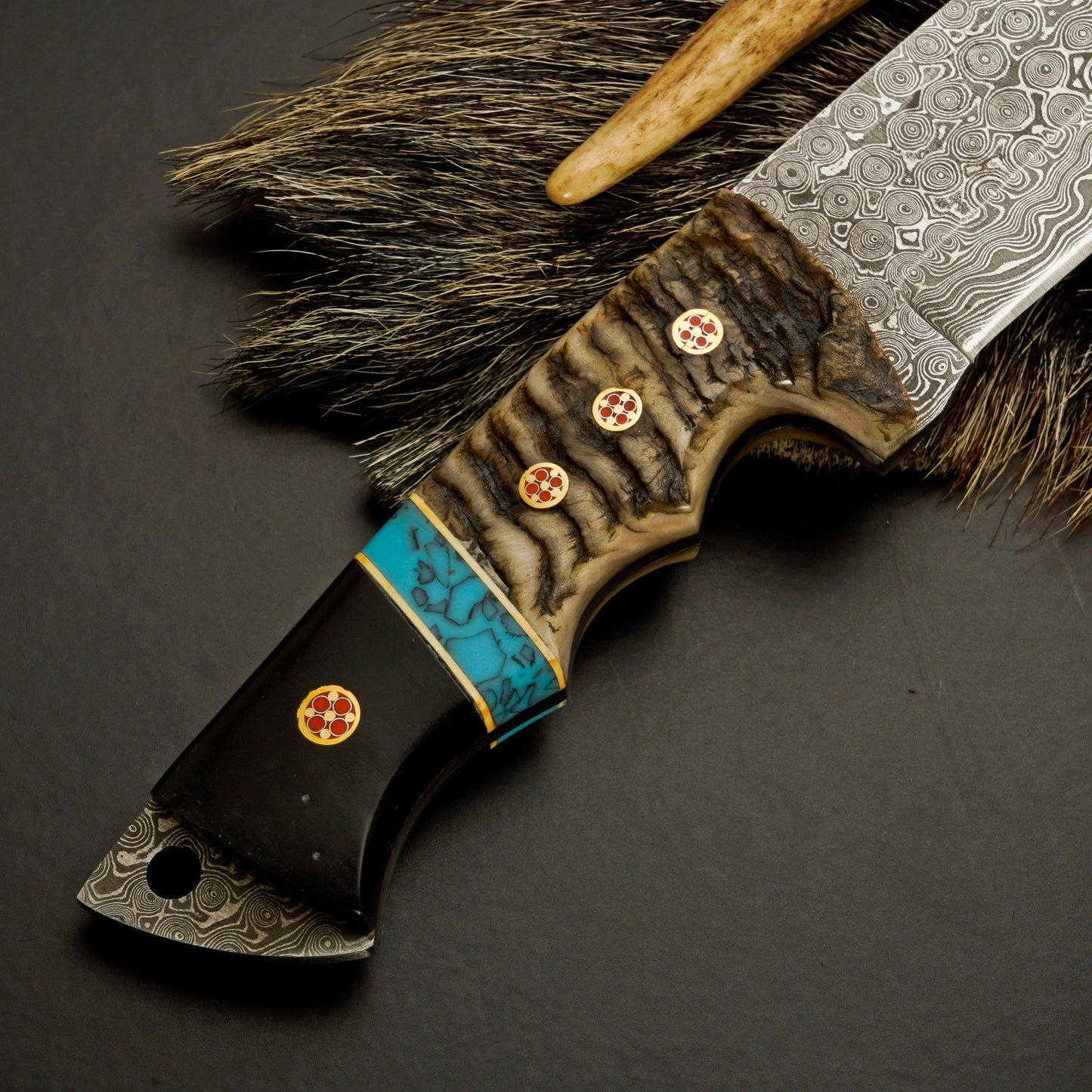 10" Hand Forged Damascus Steel Hunting Knife with Leather Sheath - Gut Hook Hunting Knife
