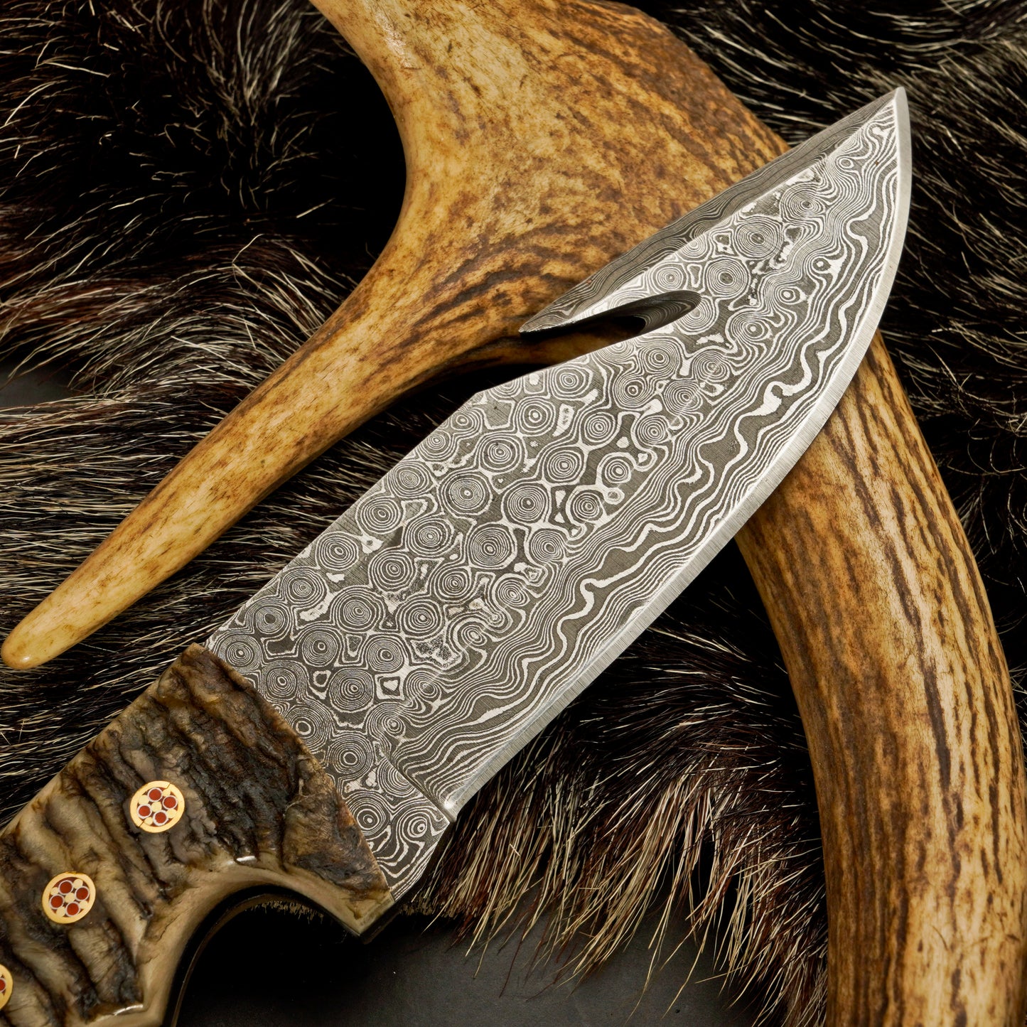 10" Hand Forged Damascus Steel Hunting Knife with Leather Sheath - Gut Hook Hunting Knife
