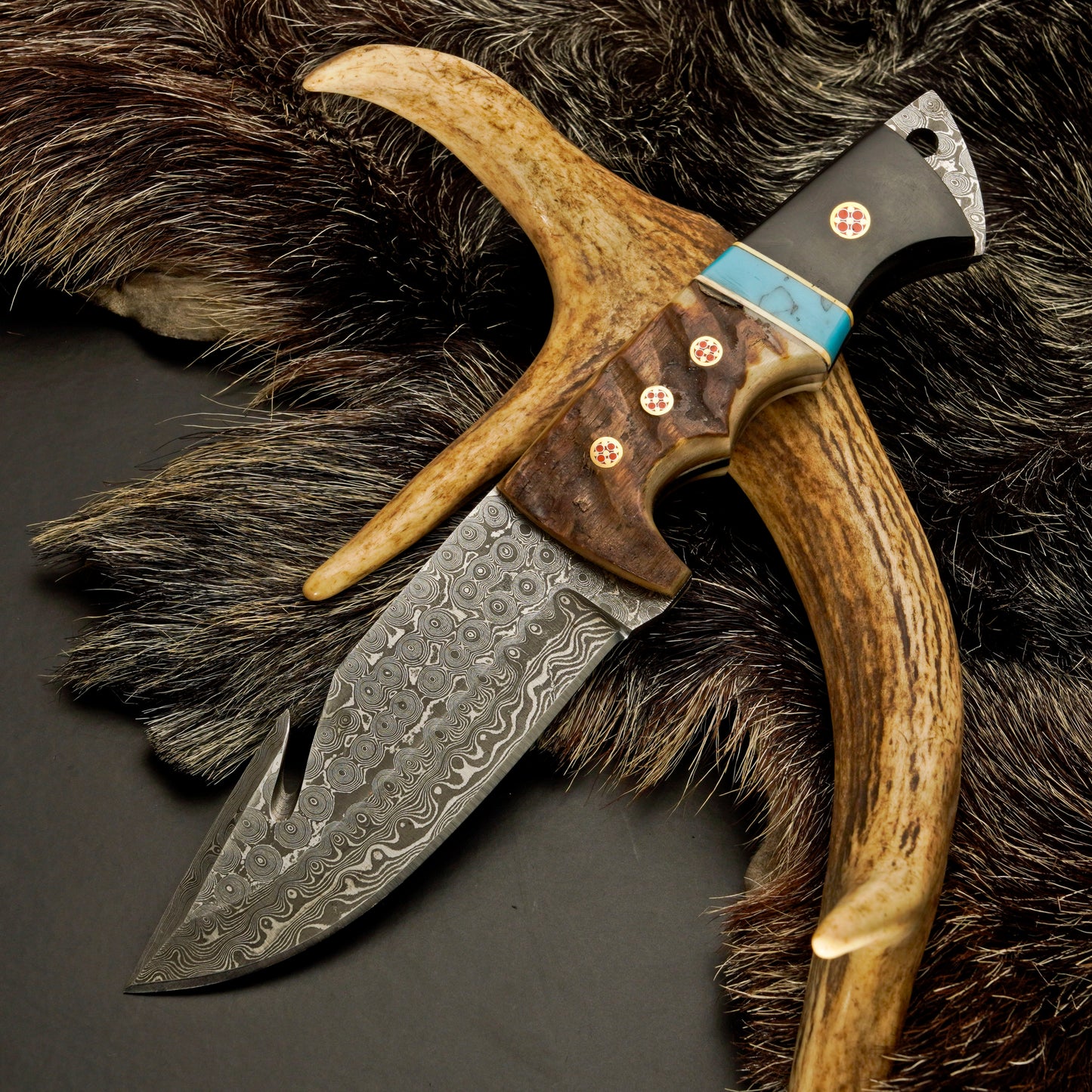 10" Hand Forged Damascus Steel Hunting Knife with Leather Sheath - Gut Hook Hunting Knife