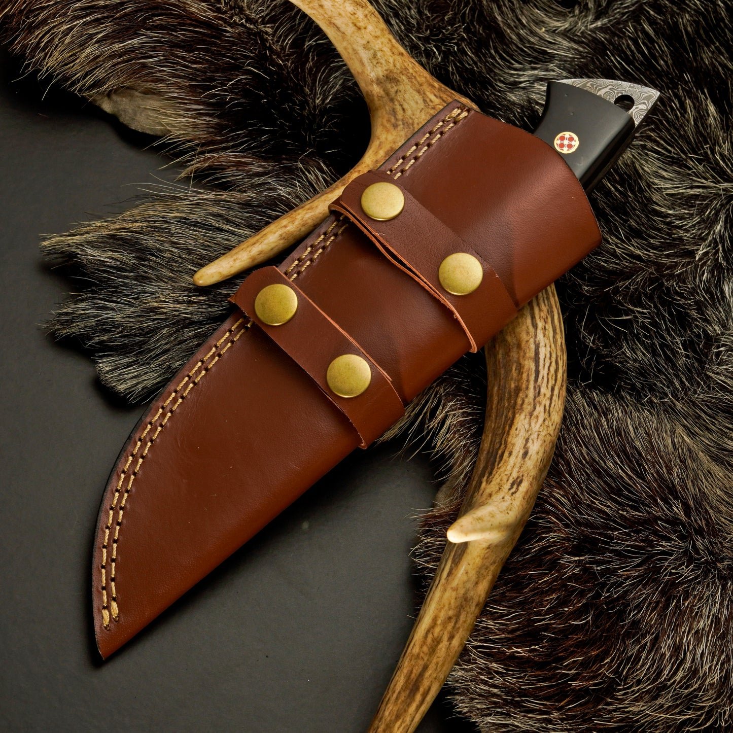 10" Hand Forged Damascus Steel Hunting Knife with Leather Sheath - Gut Hook Hunting Knife