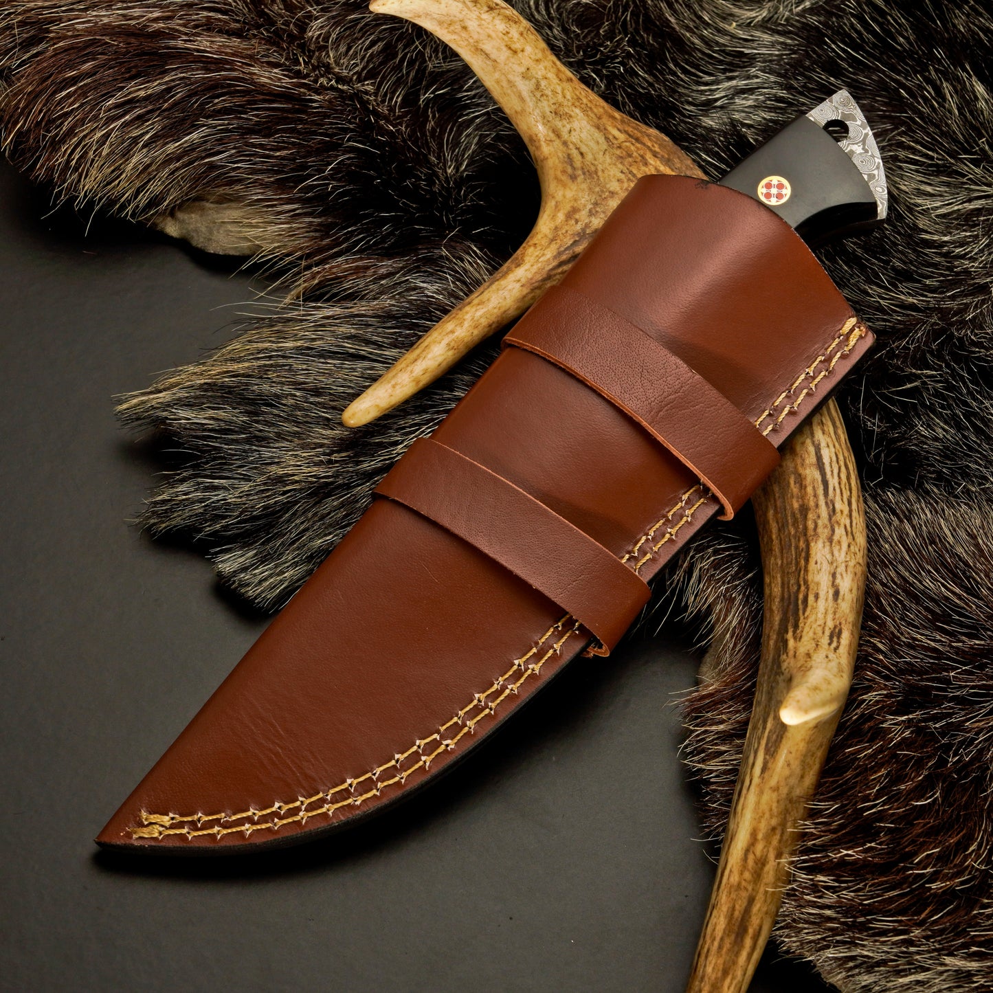 10" Hand Forged Damascus Steel Hunting Knife with Leather Sheath - Gut Hook Hunting Knife White Hills Knives