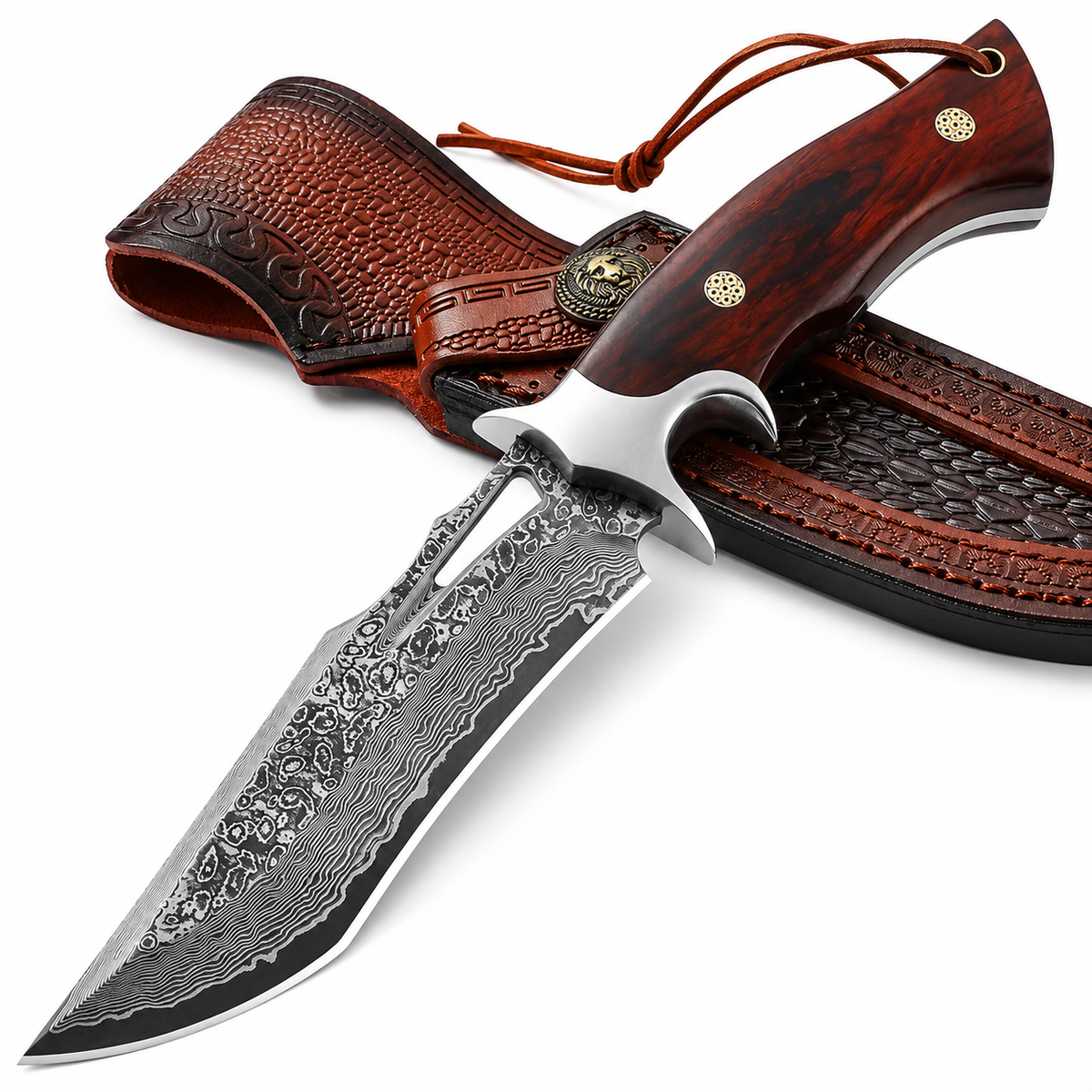 10" Handmade Damascus Steel Hunting Knife – Full Tang Fixed Blade with Wooden Handle & Leather Sheath White Hills Knives