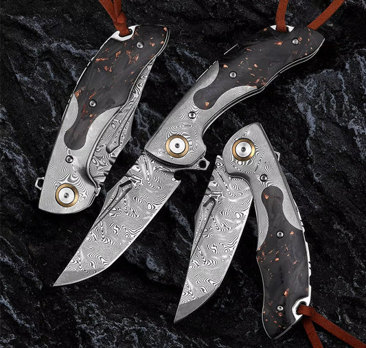 7.8" Damascus Pocket Knife with Damascus & Carbon Fiber Handle | VG 10 Steel Blade White Hills Knives