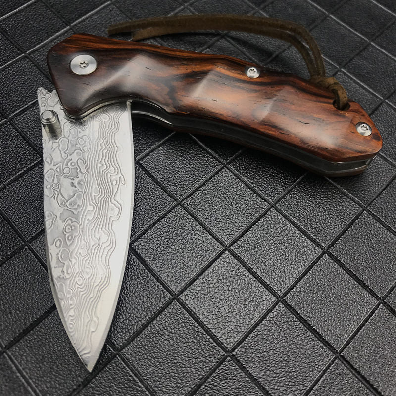 Japanese VG-10 Damascus Pocket Knife - Folding EDC Knife with Red Sandalwood Handle