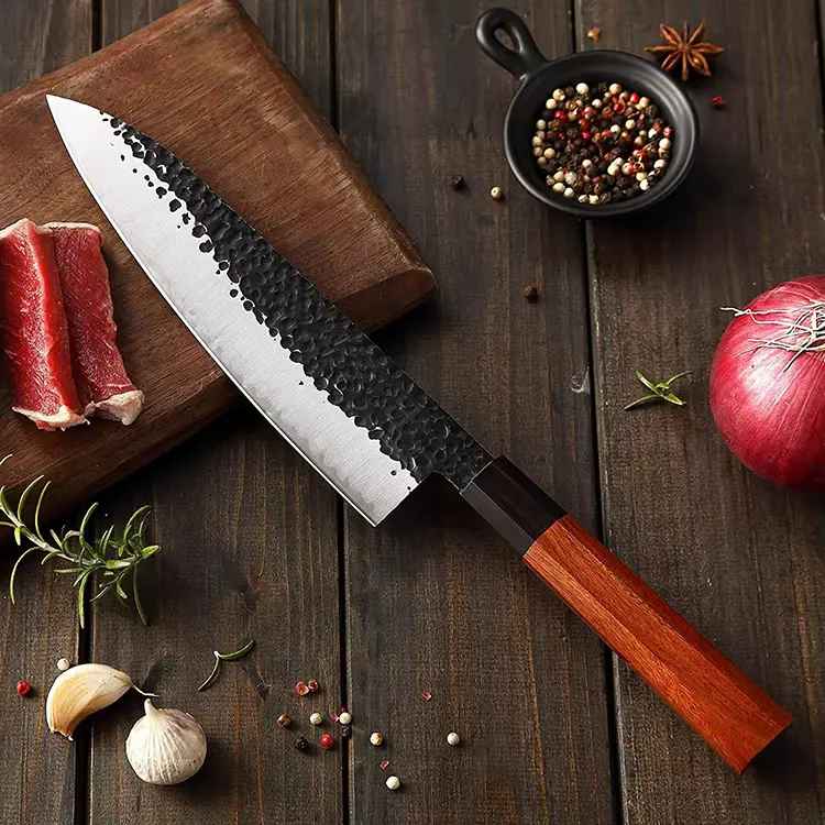 8" Japanese Hand Forged Carbon Steel Chef Knife | Ebony Wood Handle