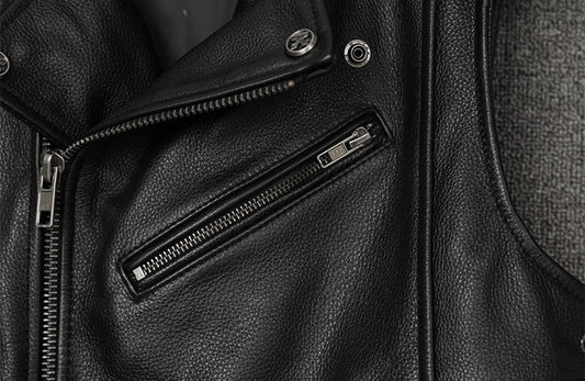 Genuine Cowhide Leather Biker Vest Oblique Zipper Motorcycle