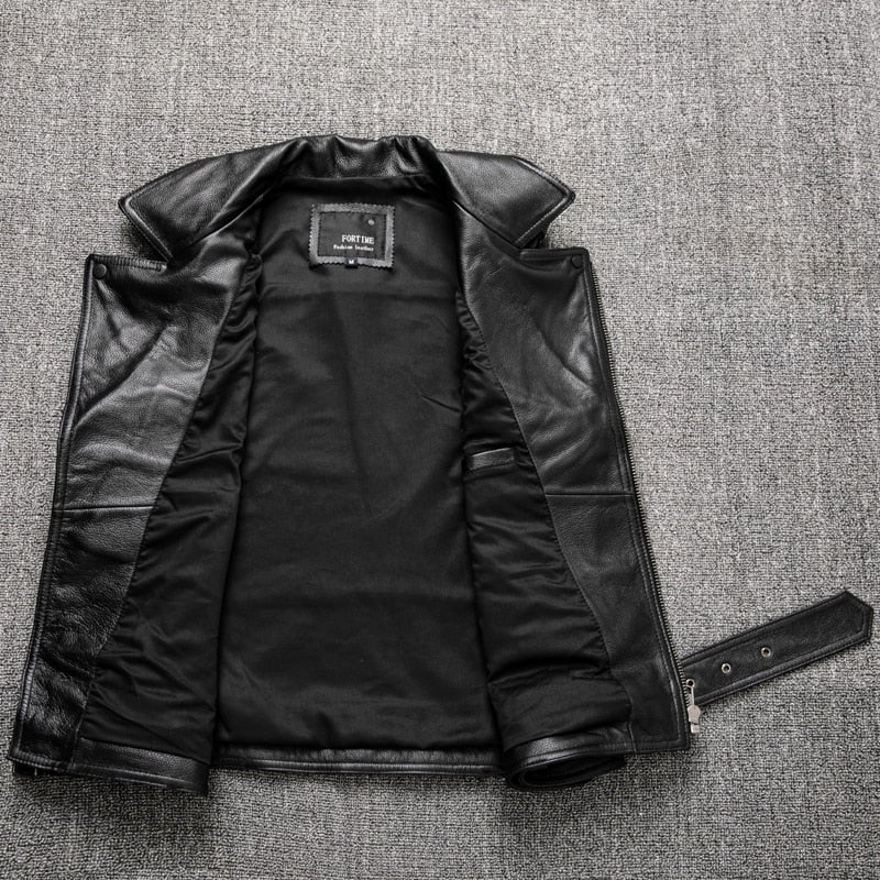 High Quality Cowhide Black Motorcycle Biker Leather Vest Men Genuine Oblique Zipper