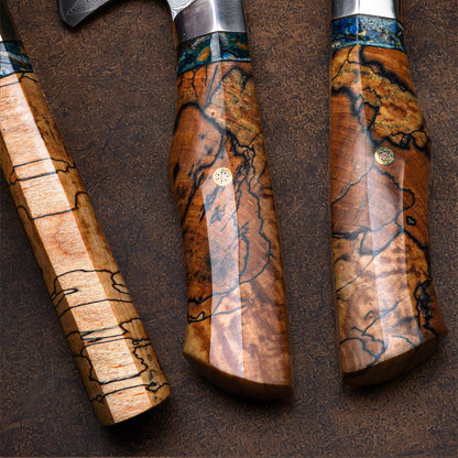 VG10 Damascus Chef Knife – 73 Layer Japanese Chef Knife with Stabilized Wood Handle & Leather Sheath White Hills Knives