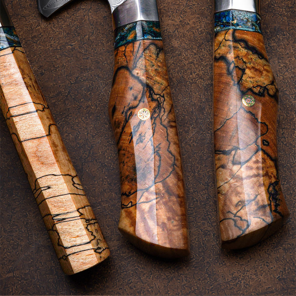VG10 Damascus Chef Knife – 73 Layer Japanese Chef Knife with Stabilized Wood Handle & Leather Sheath