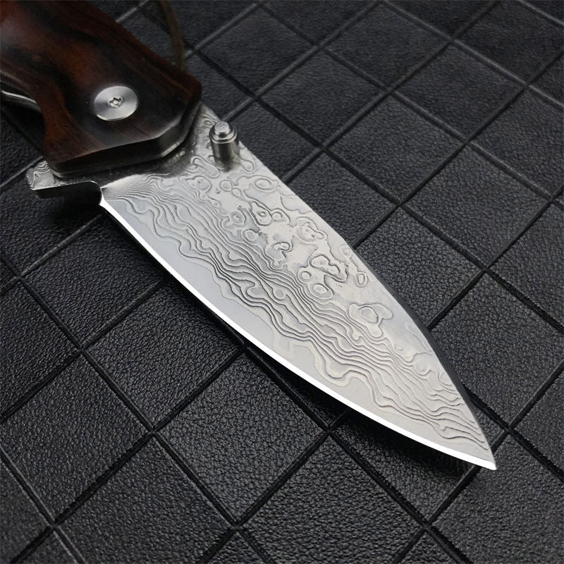 Japanese VG-10 Damascus Pocket Knife - Folding EDC Knife with Red Sandalwood Handle