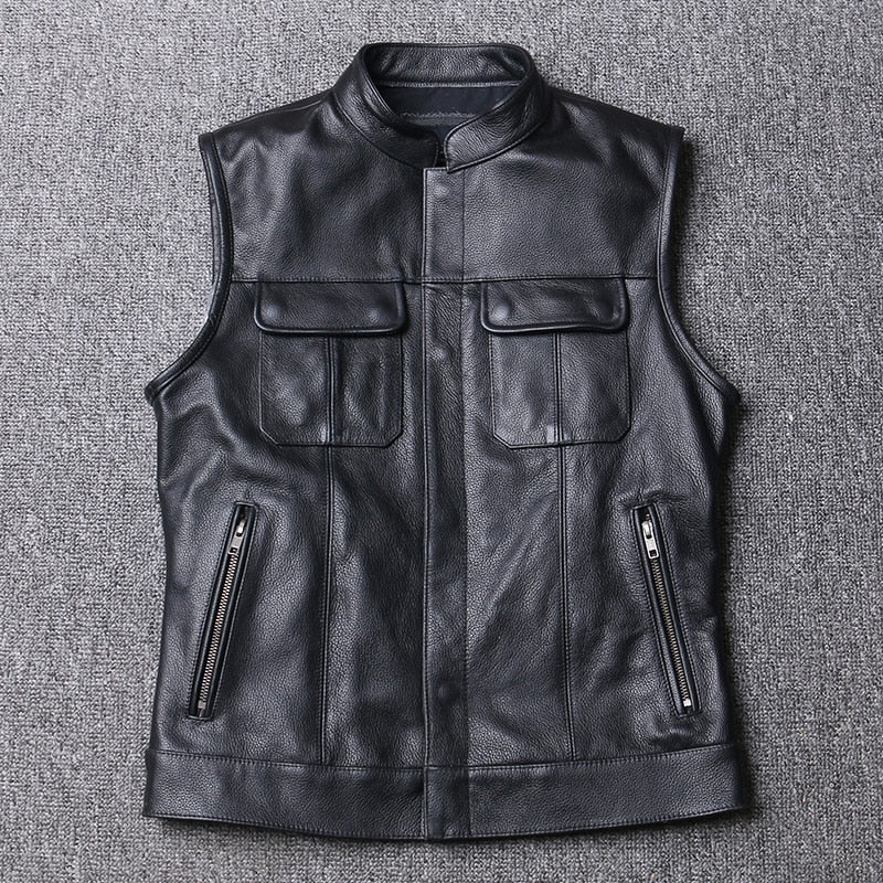 Genuine Leather Biker Cow Vest Men - 100% Real Cowhide Motorcycle Black / S