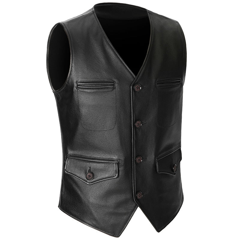Slim Fit Mens Cowhide Vest Male Waistcoat Casual Business Genuine Leather Sleeveless Jacket