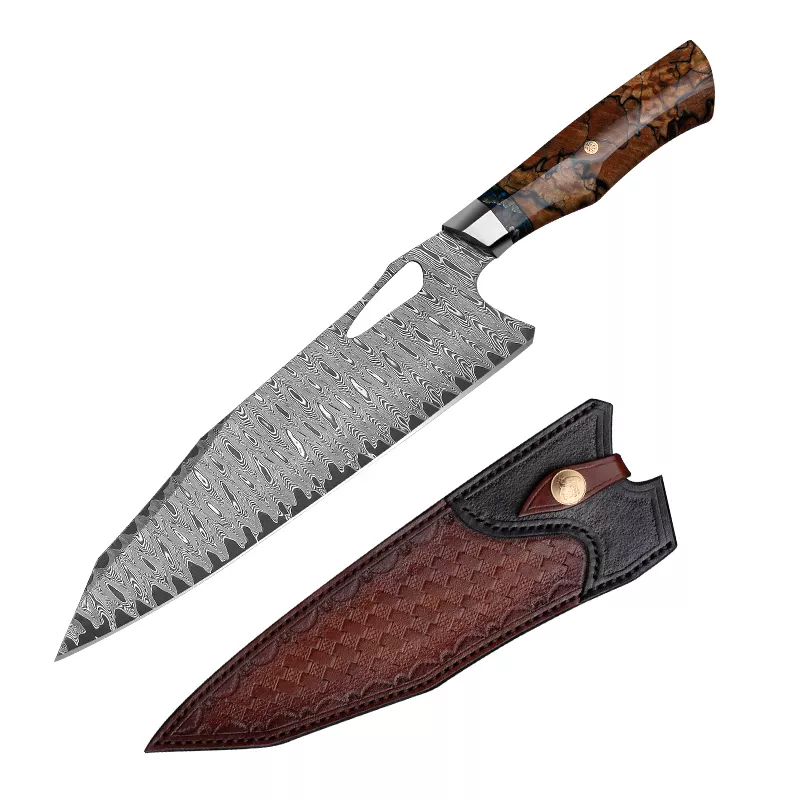 VG10 Damascus Chef Knife – 73 Layer Japanese Chef Knife with Stabilized Wood Handle & Leather Sheath