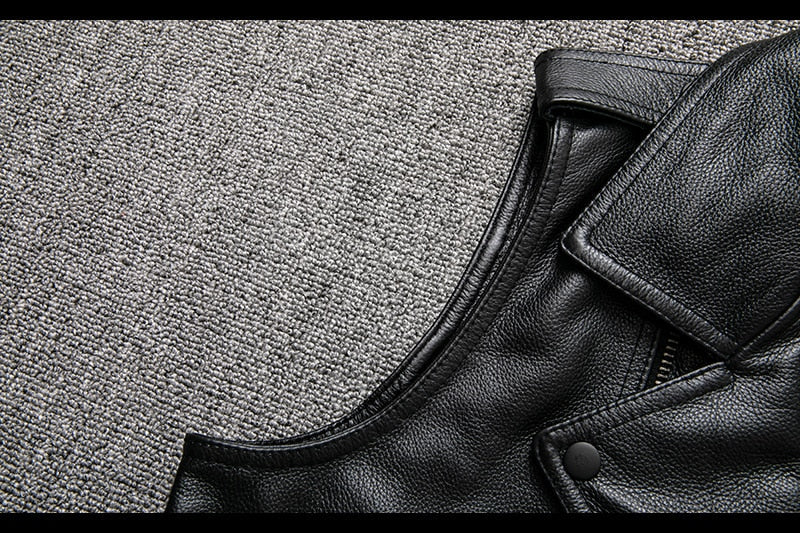 High Quality Cowhide Black Motorcycle Biker Leather Vest Men Genuine Oblique Zipper