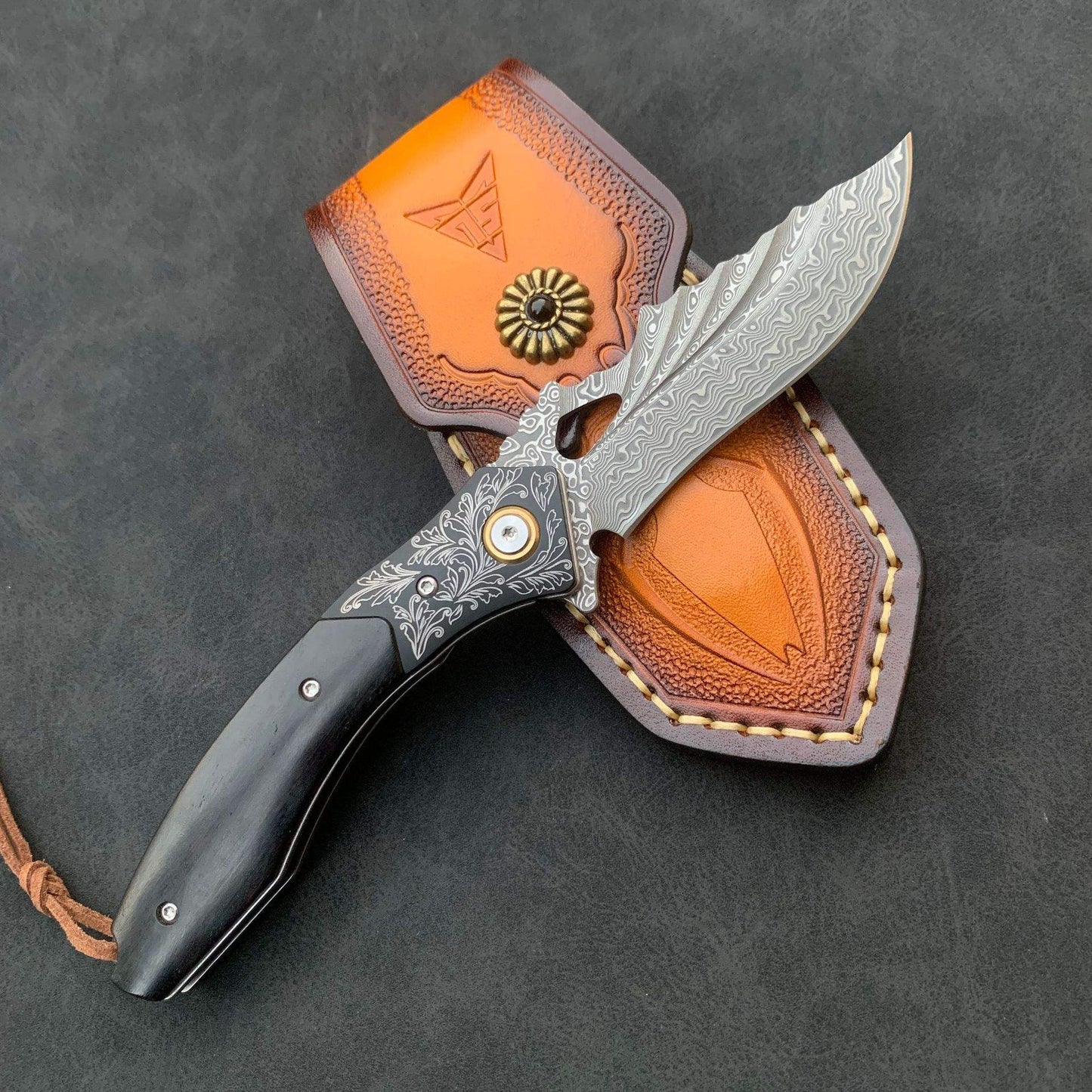 Handmade Damascus Steel Folding Pocket Knife with Ebony Wood Handle & Leather Sheath