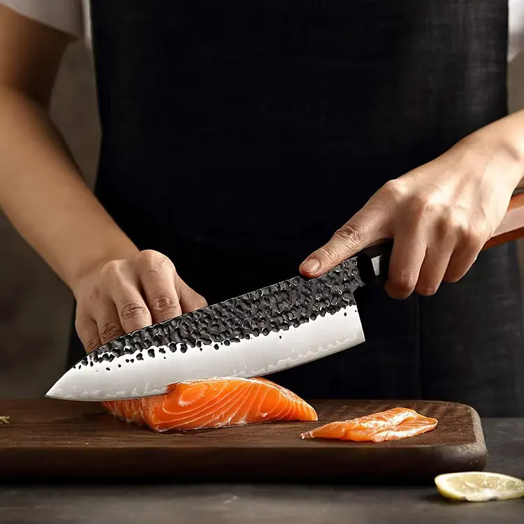 8" Japanese Hand Forged Carbon Steel Chef Knife | Ebony Wood Handle