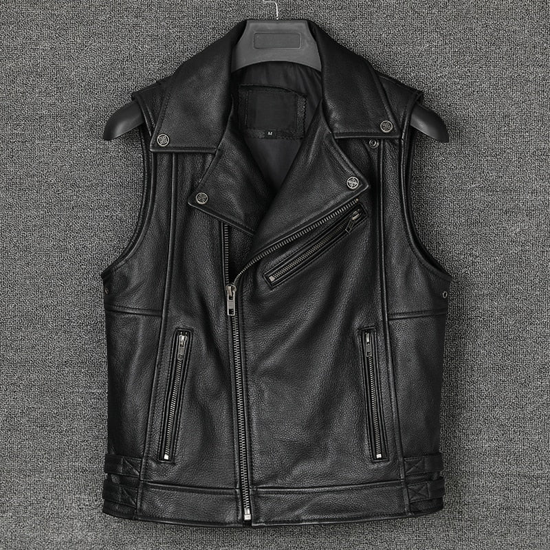Genuine Cowhide Leather Biker Vest Oblique Zipper Motorcycle