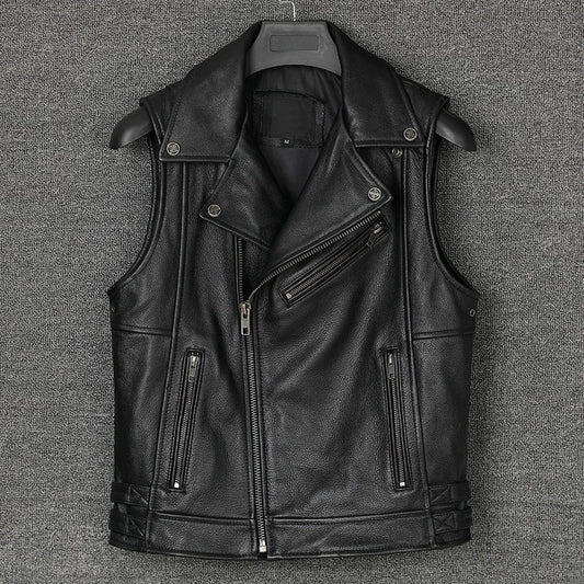 Genuine Cowhide Leather Biker Vest Oblique Zipper Motorcycle