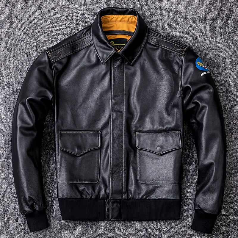 Mens Military Genuine Natural Cowhide Leather Jacket Black With Armband / S