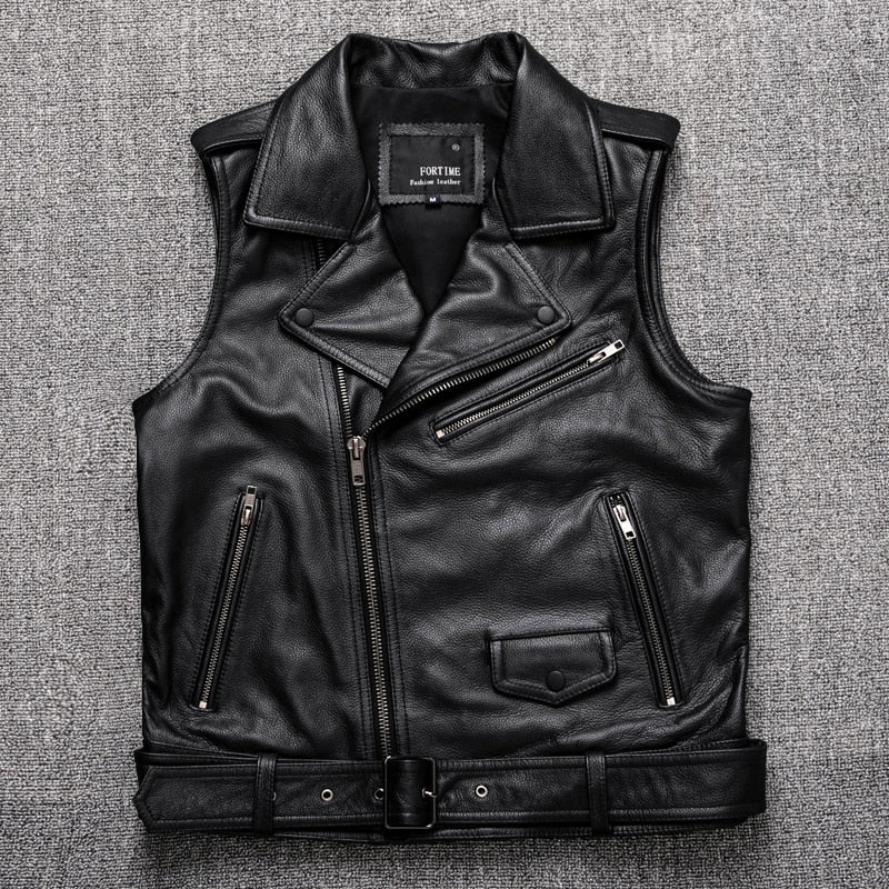 High Quality Cowhide Black Motorcycle Biker Leather Vest Men Genuine Oblique Zipper