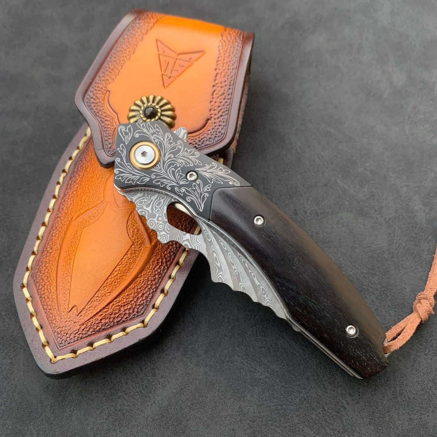 Handmade Damascus Steel Folding Pocket Knife with Ebony Wood Handle & Leather Sheath
