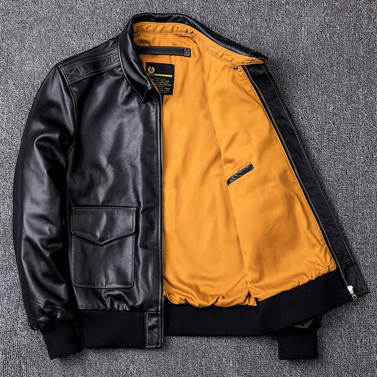 Mens Military Genuine Natural Cowhide Leather Jacket