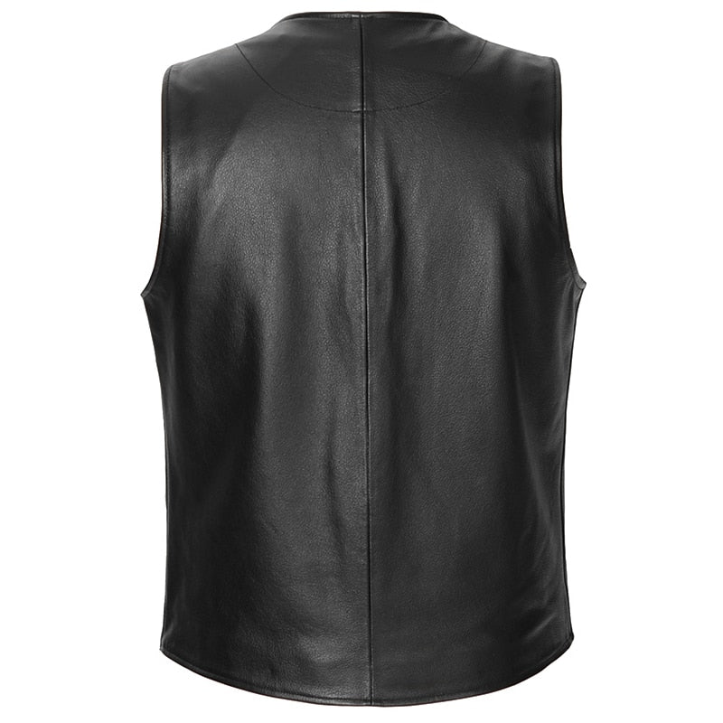 Slim Fit Mens Cowhide Vest Male Waistcoat Casual Business Genuine Leather Sleeveless Jacket