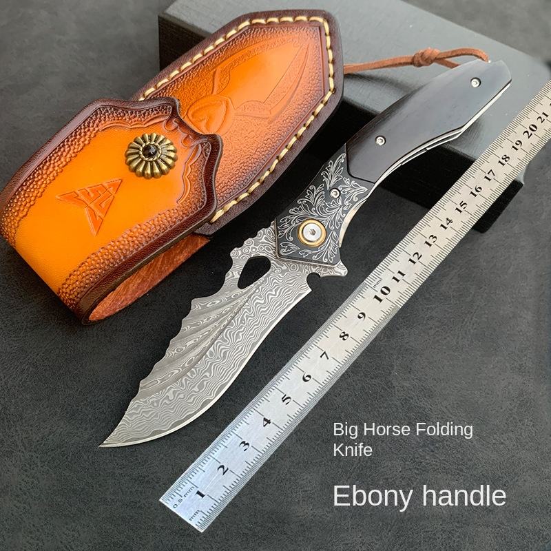 Handmade Damascus Steel Folding Pocket Knife with Ebony Wood Handle & Leather Sheath