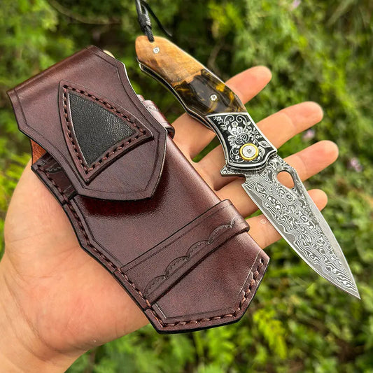 Handmade Damascus Steel Pocket Knife - Folding Knife - Outdoor Camping Hunting Survival Knife EDC - VG10 Damascus Steel White Hills Knives