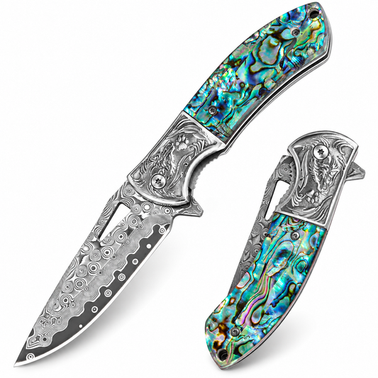 A decorative folding knife shown open and closed on a clean white background. The knife features a patterned steel blade with circular cutouts, an engraved silver guard and bolster, and a handle in iridescent abalone shell with blue, green, and gold tones.