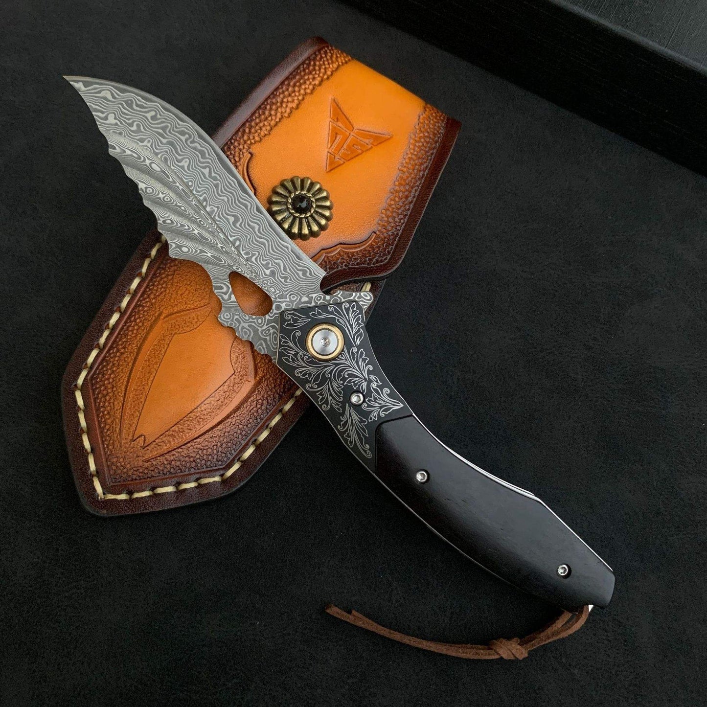 Handmade Damascus Steel Folding Pocket Knife with Ebony Wood Handle & Leather Sheath