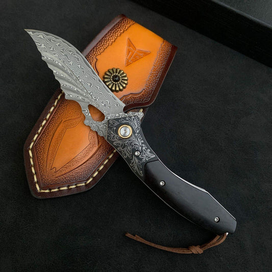 Handmade Damascus Steel Folding Pocket Knife with Ebony Wood Handle & Leather Sheath