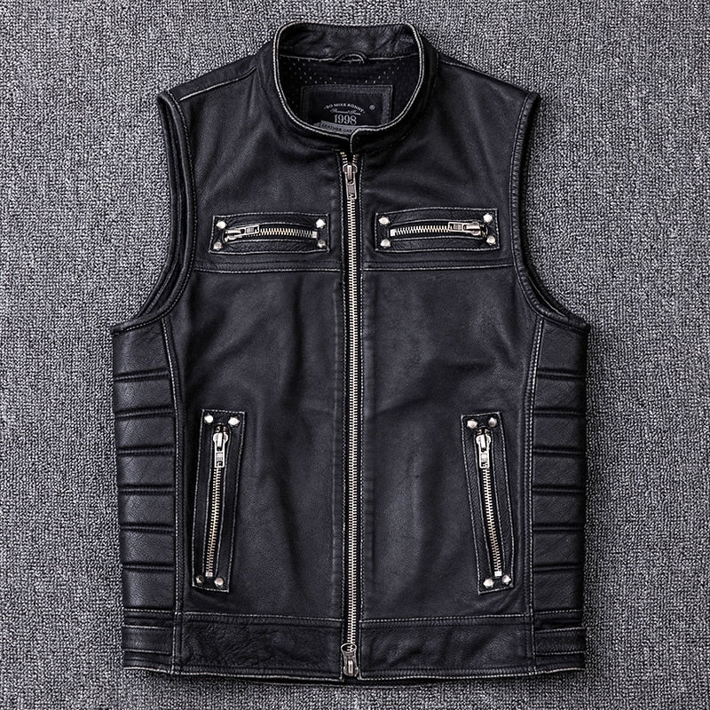 Rivet Genuine Cowhide Leather Vest Mens Motorcycle Biker Vests Grey Vintage / S