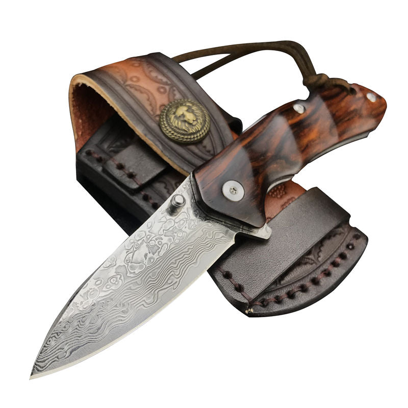 Japanese VG-10 Damascus Pocket Knife - Folding EDC Knife with Red Sandalwood Handle