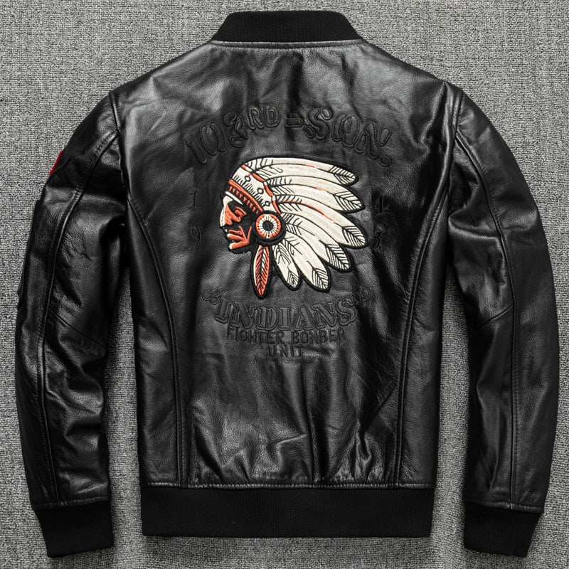 Red Indian Embroidery Baseball Cowhide Leather Jacket