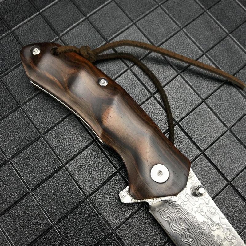 Japanese VG-10 Damascus Pocket Knife - Folding EDC Knife with Red Sandalwood Handle