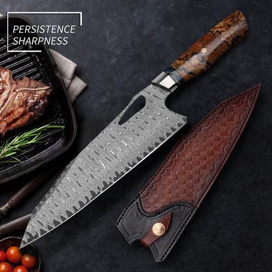 VG10 Damascus Chef Knife – 73 Layer Japanese Chef Knife with Stabilized Wood Handle & Leather Sheath