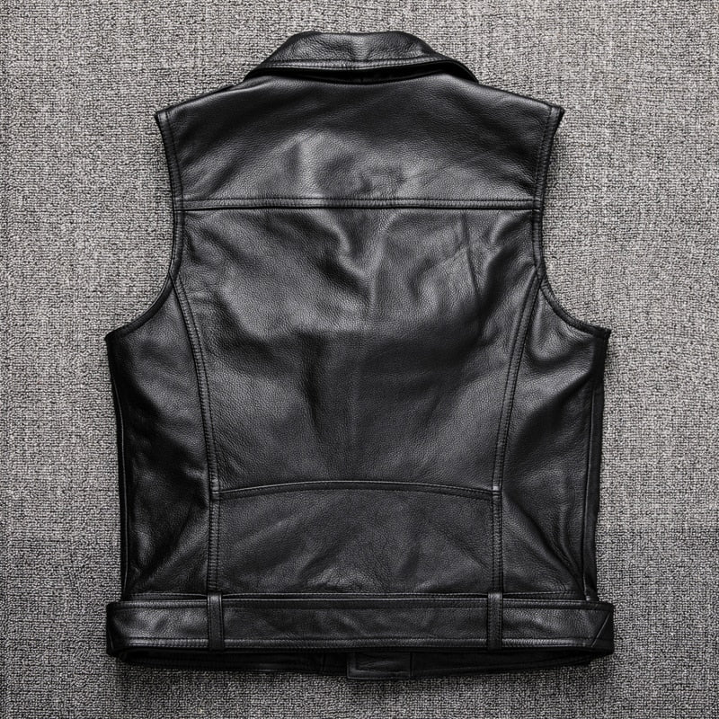 High Quality Cowhide Black Motorcycle Biker Leather Vest Men Genuine Oblique Zipper