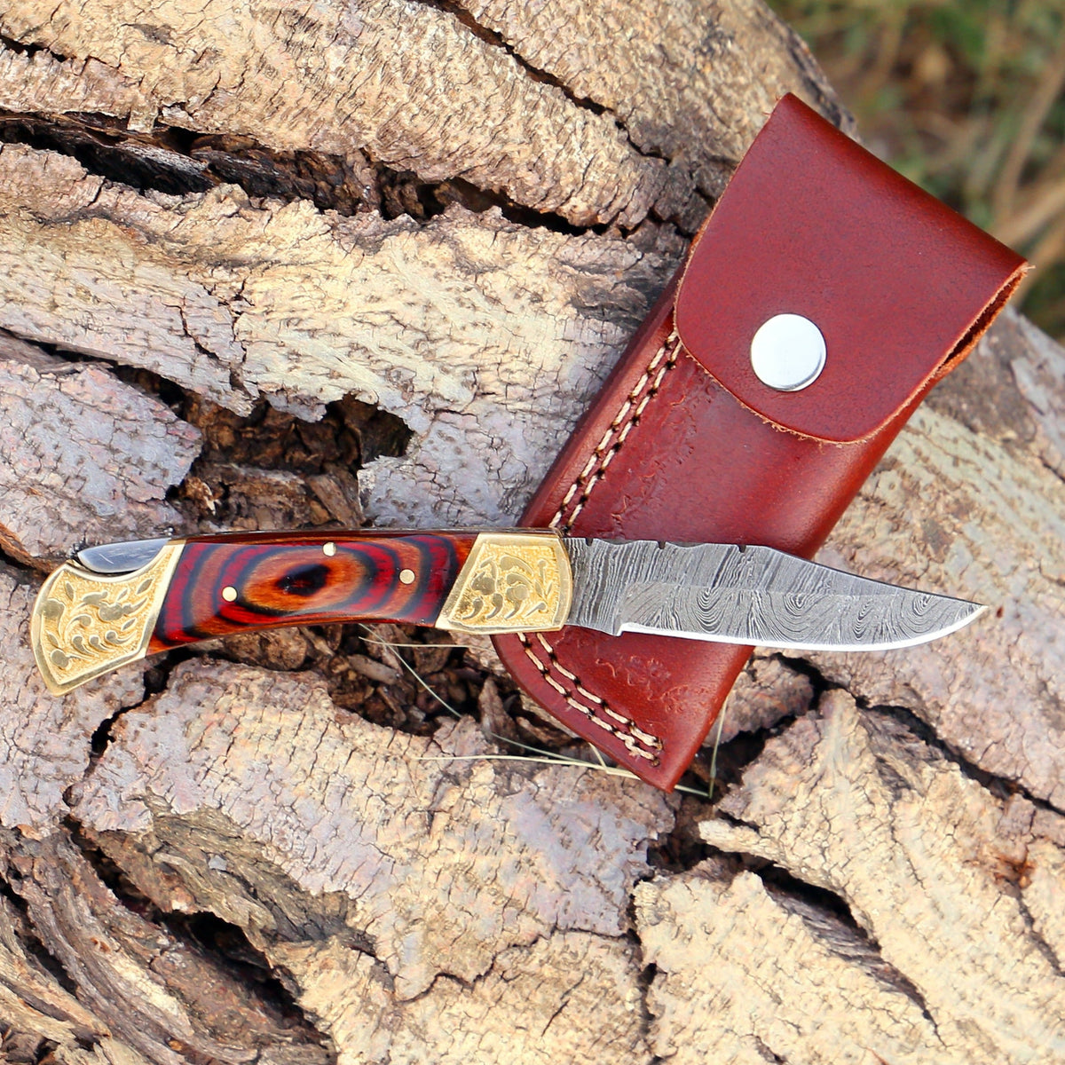 Custom Hand Forged Damascus Folding Knife With Engraved Brass Bolster & Wood Handle