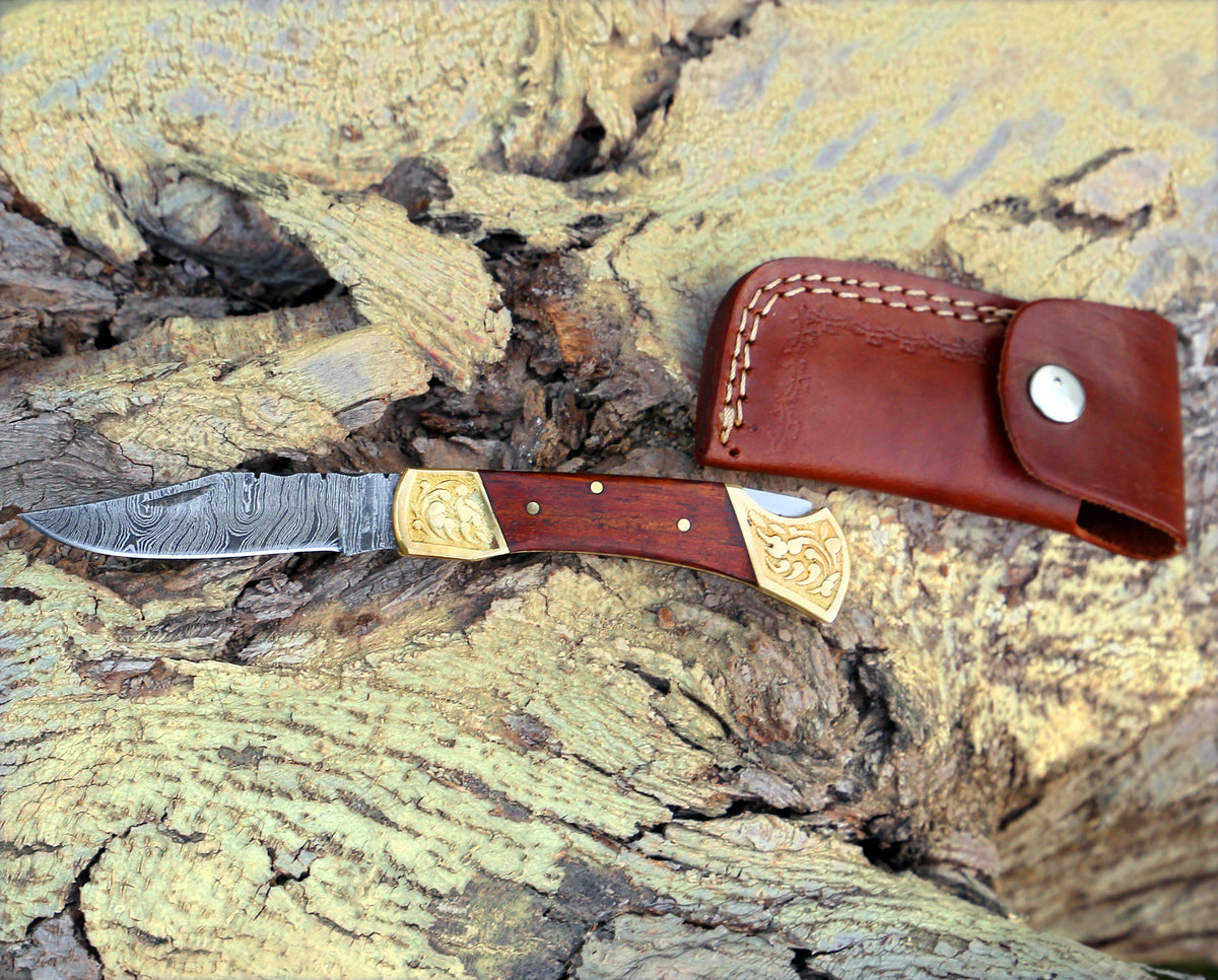 Custom Hand Made Damascus Steel Hunting Folding Knife With Brass Bolster & Stained Wood Handle Wh