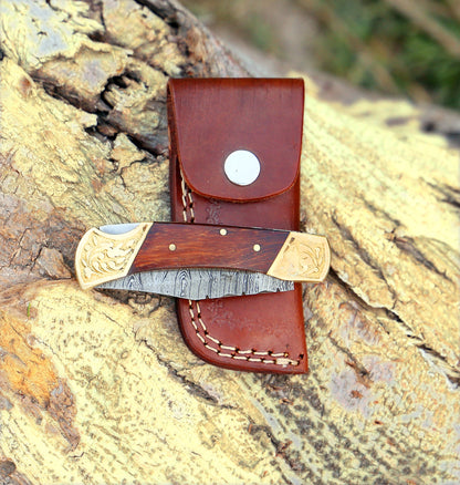 Custom Hand Made Damascus Steel Hunting Folding Knife With Brass Bolster & Stained Wood Handle Wh