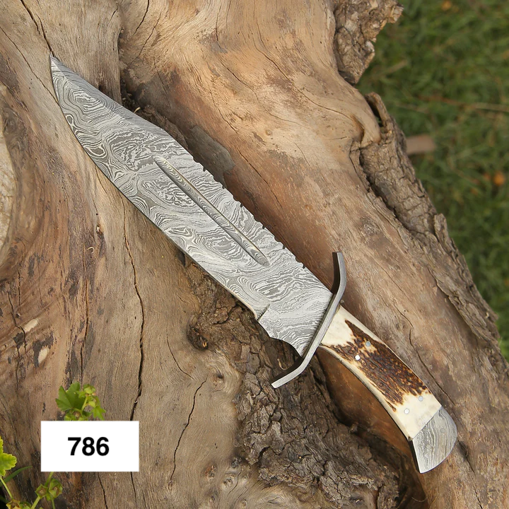 15" Handmade Damascus Steel Bowie Hunting Knife- Full Tang - Camel Bone Handle