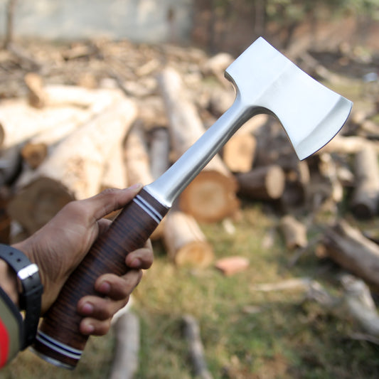 Handmade Forged Steel Axe - Camping Hatchet - Leather Wrap Handle