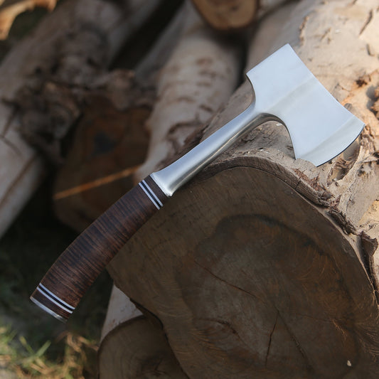 Handmade Forged Steel Axe - Camping Hatchet - Leather Wrap Handle White Hills Knives