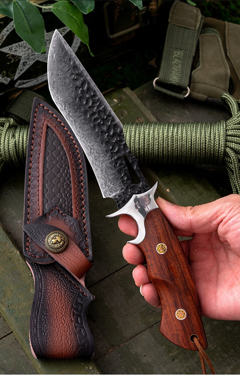 11" Full Tang Damascus Hunting Knife with Leather Sheath - Wood Handle, EDC Fixed Blade for Camping, Survival & Bushcraft