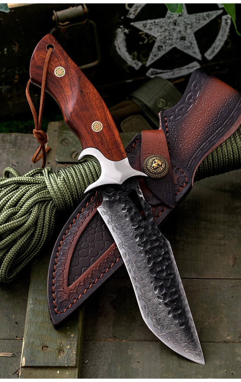 11" Full Tang Damascus Hunting Knife with Leather Sheath - Wood Handle, EDC Fixed Blade for Camping, Survival & Bushcraft