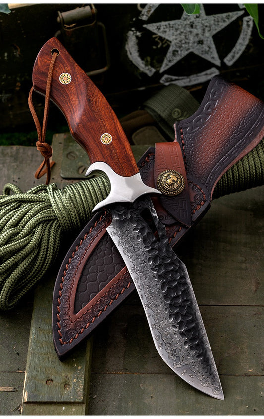 11" Full Tang Damascus Hunting Knife with Leather Sheath - Wood Handle, EDC Fixed Blade for Camping, Survival & Bushcraft