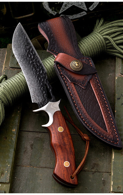11" Full Tang Damascus Hunting Knife with Leather Sheath - Wood Handle, EDC Fixed Blade for Camping, Survival & Bushcraft White Hills Knives