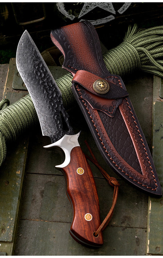 11" Full Tang Damascus Hunting Knife with Leather Sheath - Wood Handle, EDC Fixed Blade for Camping, Survival & Bushcraft